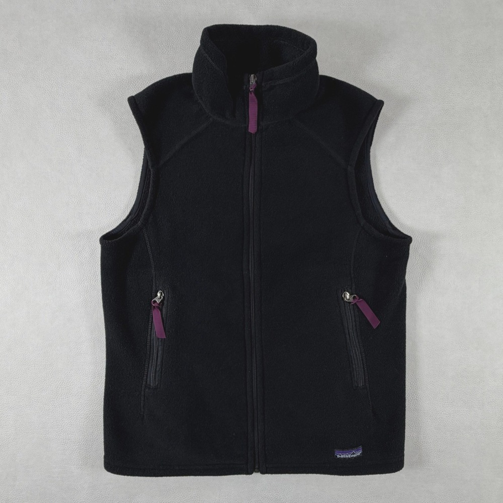 Patagonia Synchilla Fleece Vest Black Purple Trim Womens Large Full Zip